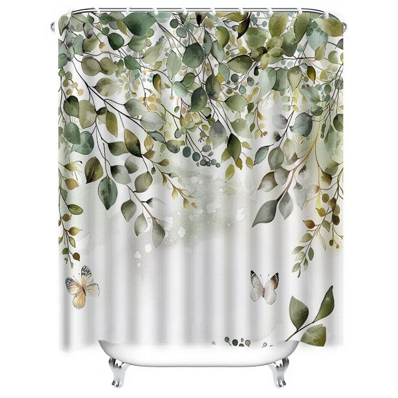 Charming Green Leaves and Butterflies Shower Curtain for Bathroom Decor Eco Friendly Waterproof Fabric with Hooks Enhances