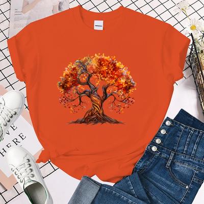 Fall Tree Print T-Shirts For Women Summer Fashion Casual Short Sleeve Round Neck Ladies Tops