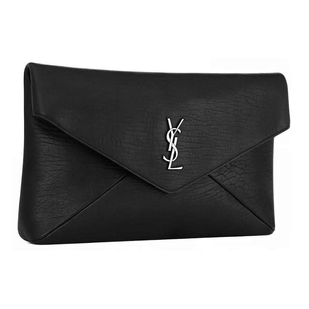 Saint Laurent Silver Logo Front Flap Grainy Lambskin Envelope Clutch Bag Large Men clutch Black 778181-AACIA-1000