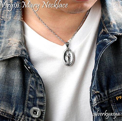 silverKYASYA" Stainless Steel Miraculous Medal Necklace for Men and Women, Virgin Mary Necklace with Silver Coin Pendant (50)