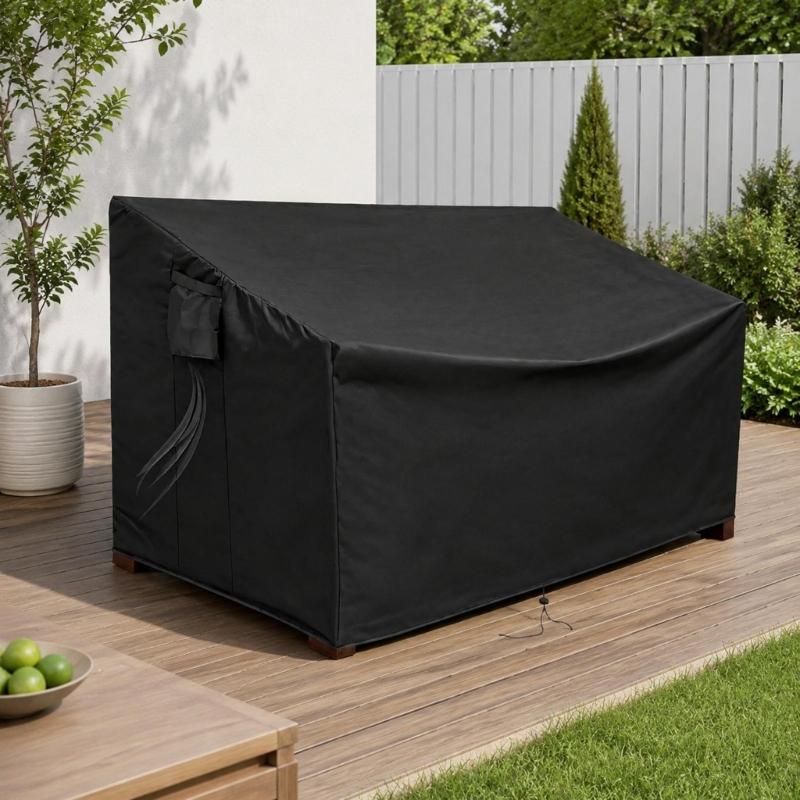 600D Fabric Patio Loveseat Cover with Rain and Debris Barrier, Bottom Cord Closure, 2 Side Fasteners, and Storage Pocket