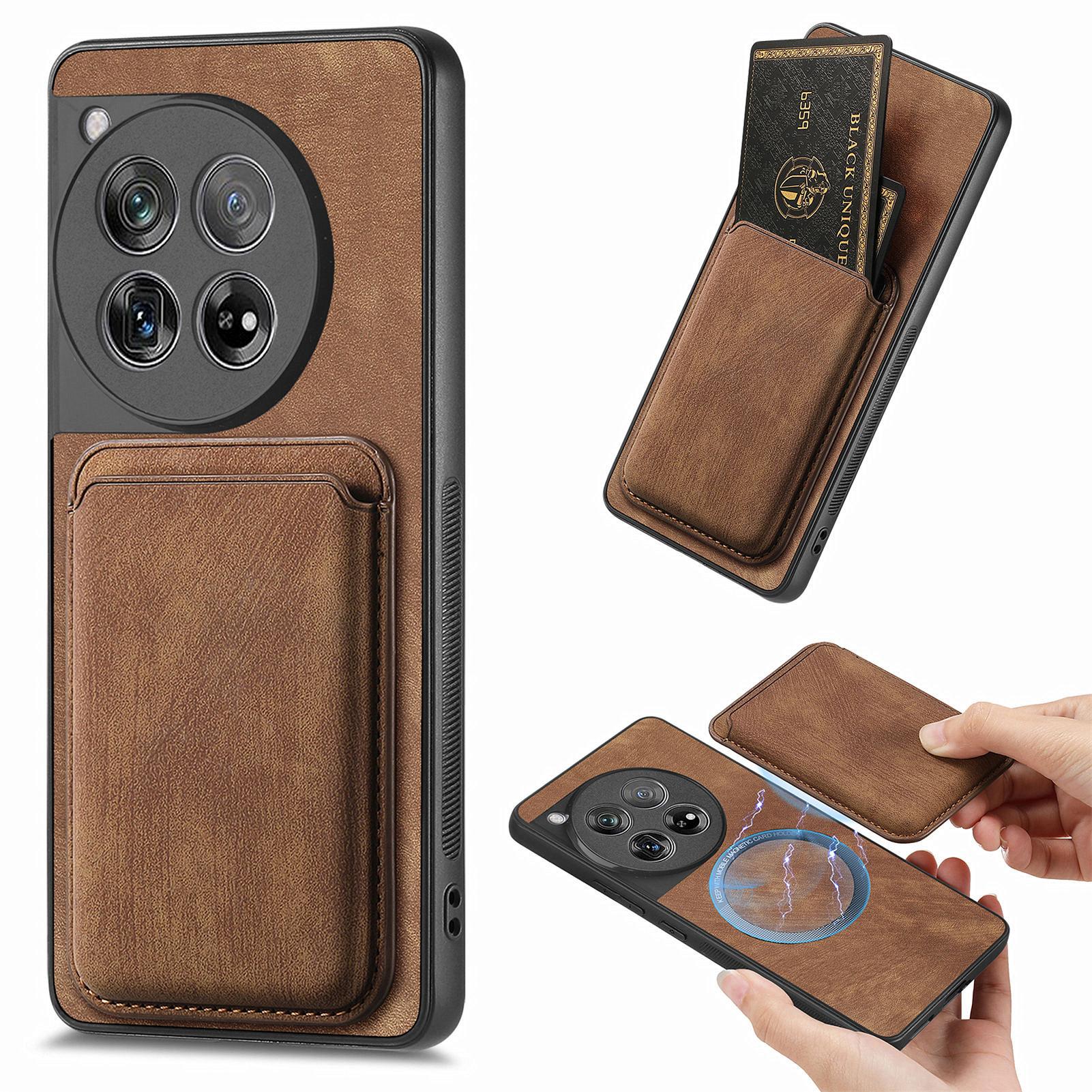 

For OnePlus 12 5G Case Compatible with MagSafe Leather Back Cover with Detachable Card Holder Brown