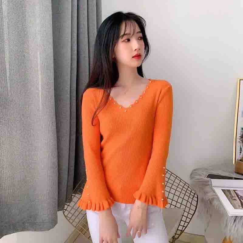 Knitwear Women's V-neck Long-sleeved Sweater Women's Outer Wear Beaded Fashion Casual Pullover Bottoming Shirt