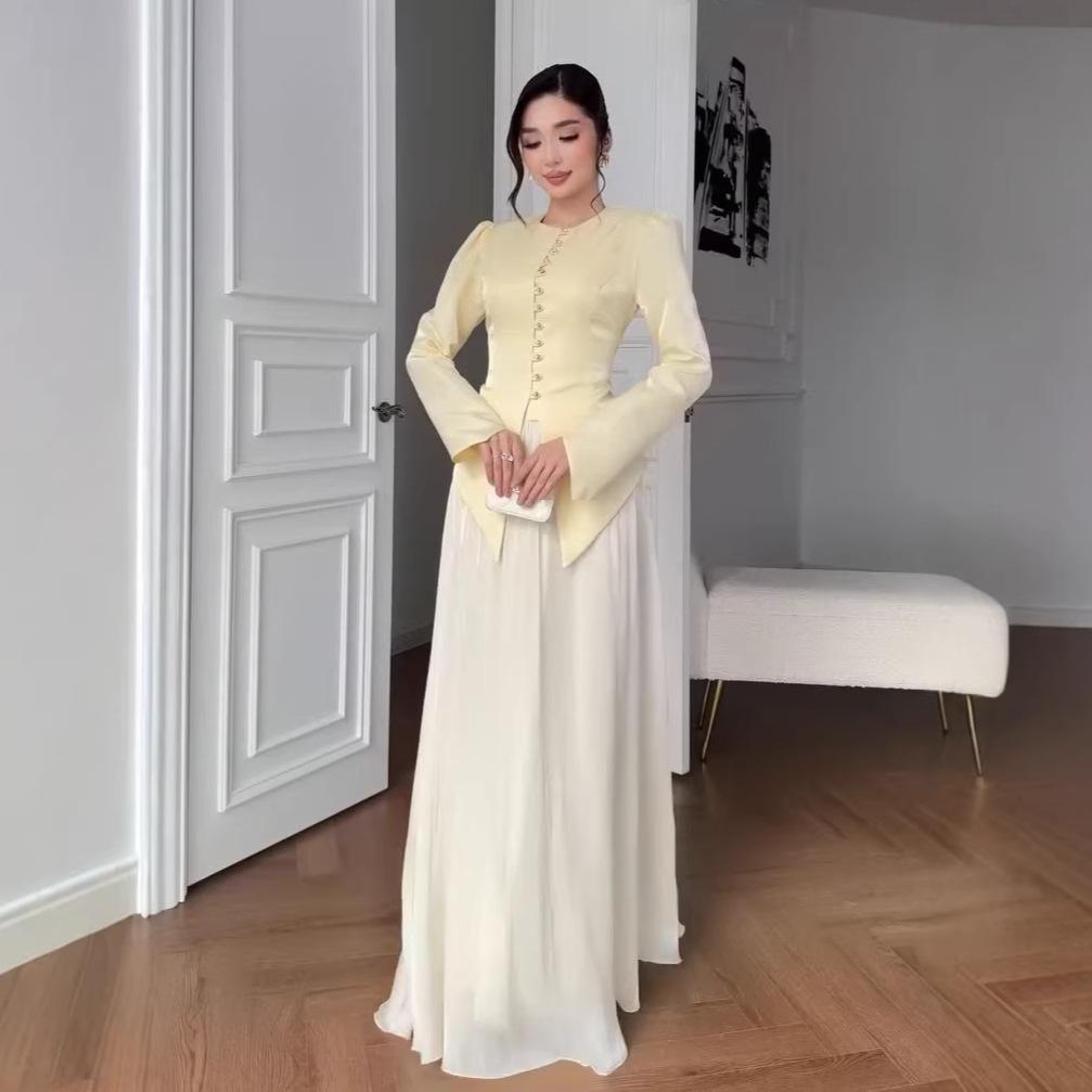 26 Europe, America, Amazon Cross-border Women's Clothing, New Round Neck Button-down Waist Top, High Waist Long Skirt Temperament Set
