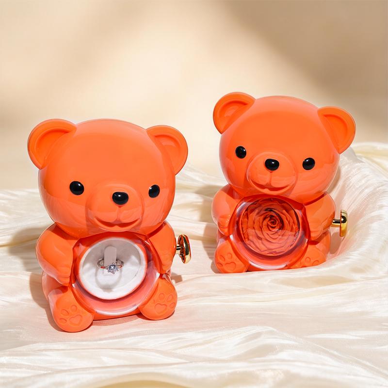 Patented Vibrant Orange Rotating Rose Bear Jewelry Box Flip for Surprise Mini ABS Jewelry Storage Box for Gift Retailers