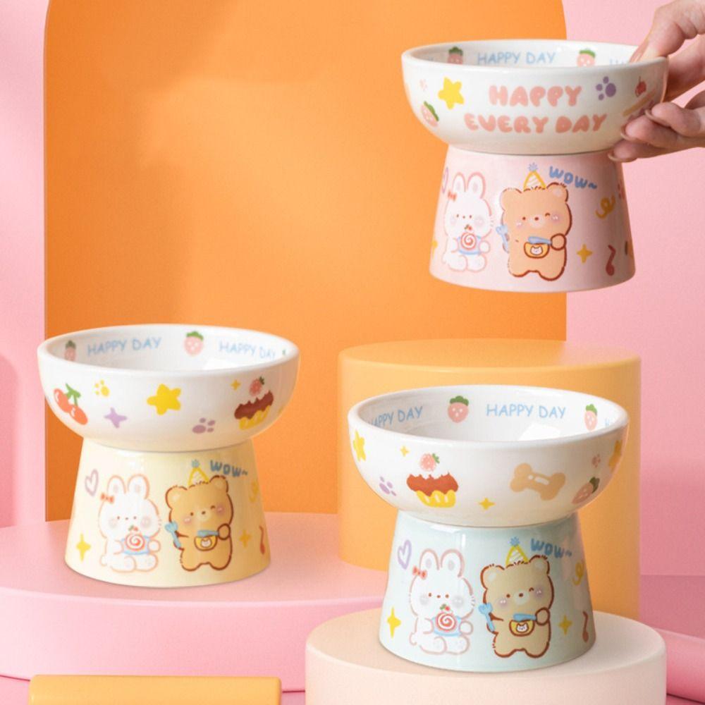 Food Dispenser Ceramic Cat Bowl Cute Creative Dog Food Feeding Basin Non-slip Anti Tipping Pet Drinking Feeder Neck Protection