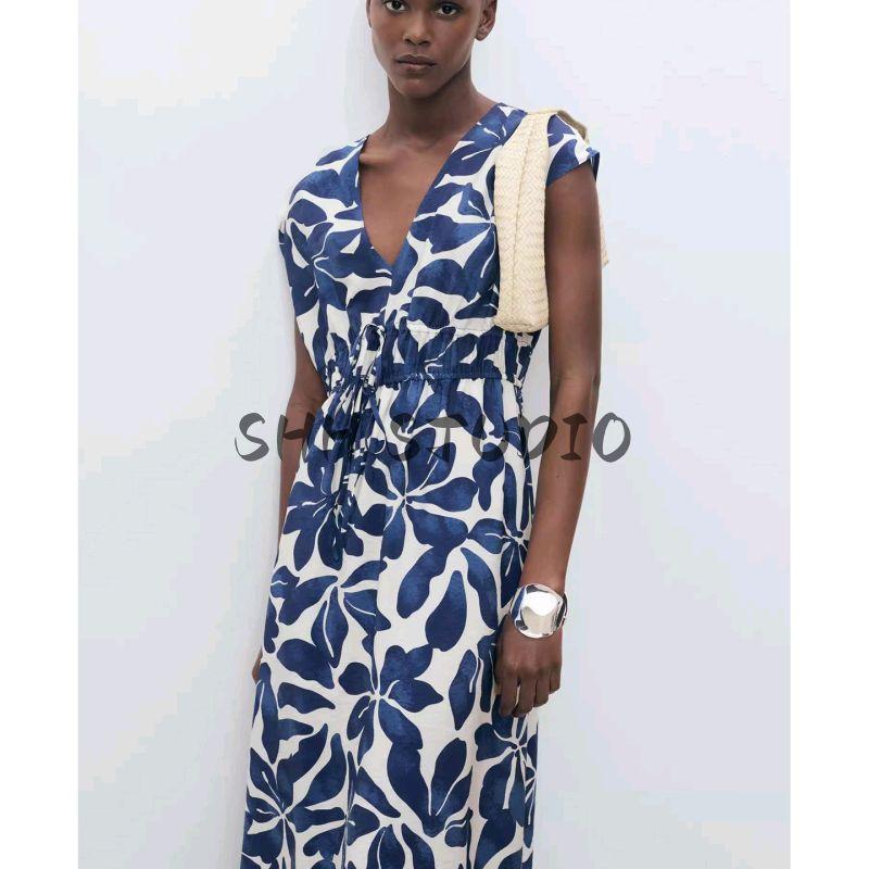 Summer New Product Women's Clothes Vacation Style V Neck Sleeveless Ruched Waist Flower Print Dress 17031161