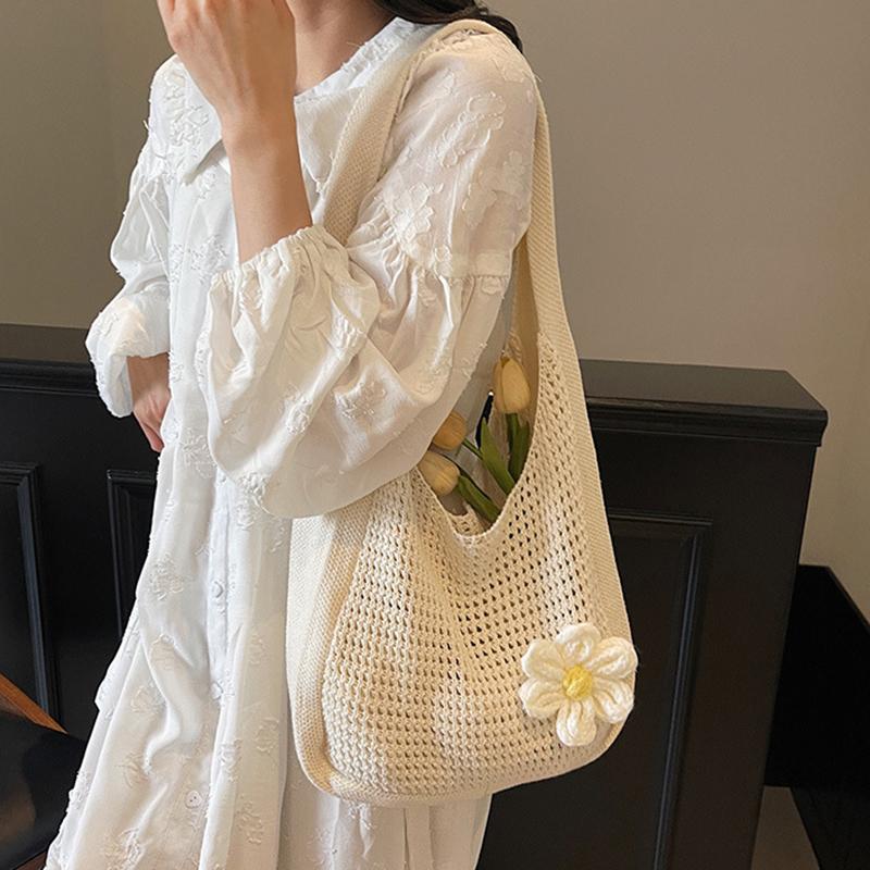 Floral Crochet Shoulder Bag Bohemian Knitted Hollow Out Tote Crochet Underarm Bag for Women Summer Beach CLE