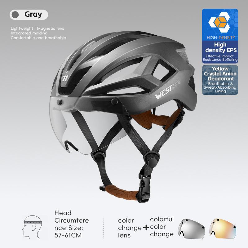 WEST BIKING Magnetic Goggle Bike Helmet Adults Integrated Visor Safety Cap Fit 57-61cm Lightweight Breathable Bicycle Helmets