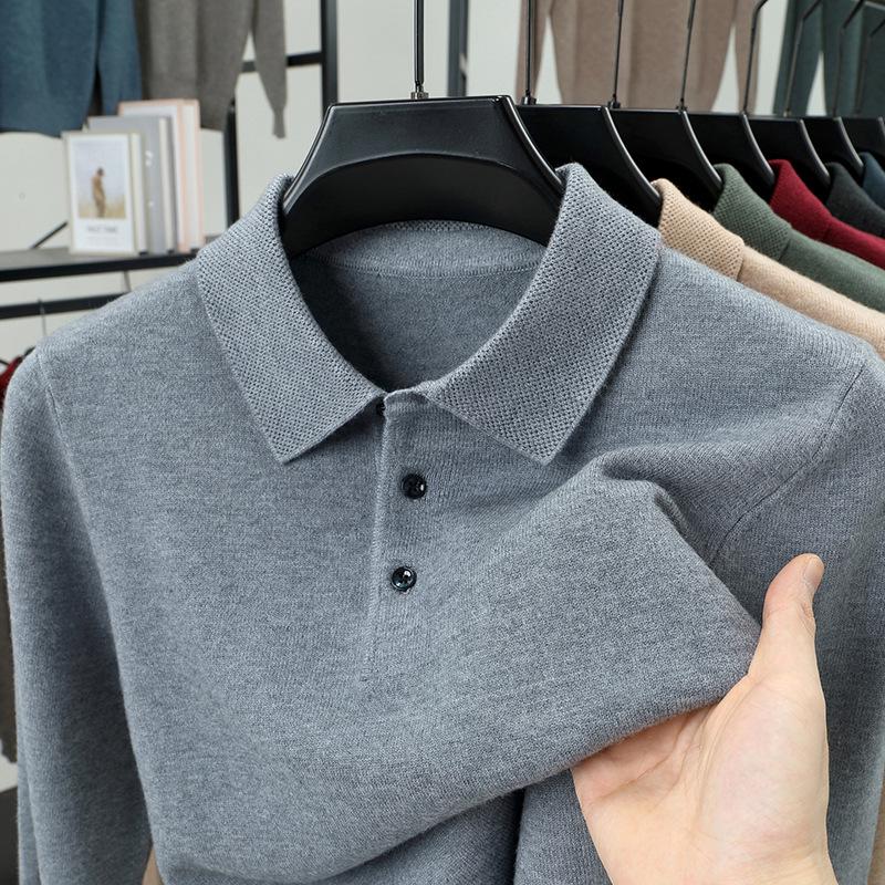 2026 Autumn/Winter Men's Slim Fit Heavy Knit Polo Sweater, 500g Lapel Pullover Base Layer