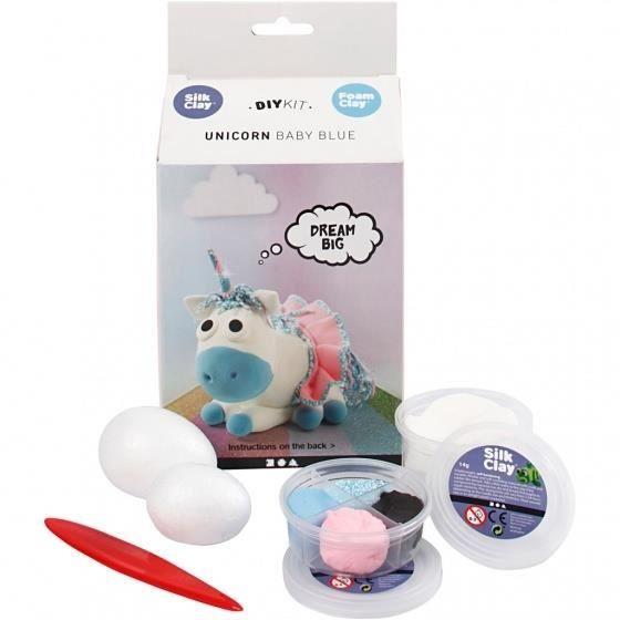 Kit de modelage - SILK CLAY - FUNNY FRIENDS LICORNE BLEU - 4 couleurs - Pâte à paillettes - Styromousse