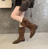Retro Cow Flip Leather Belt Buckle Thick Heel Western Cowboy Boots Two Wear Lapel High Knight Boots Brown Boots Women