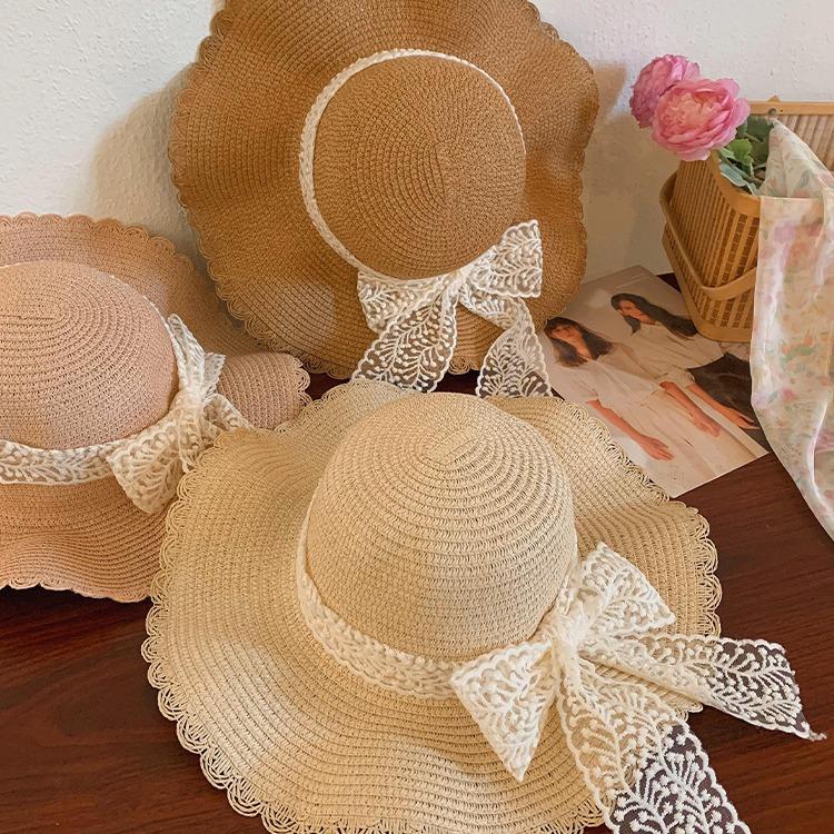 Wave Edge Lace Bow Straw Hat Women's Summer Big Brim Woven Hat Seaside Beach Vacation Sunshade Sun Protection Hat