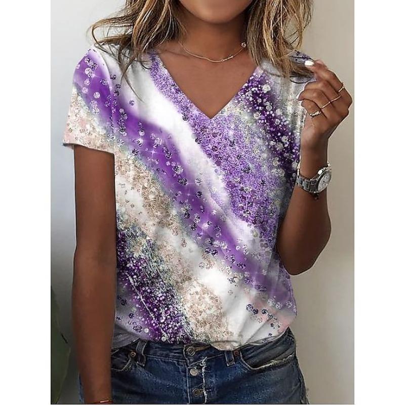 Summer Casual V-Neck Rainbow Printed Short Sleeve Women's T-Shirt Top