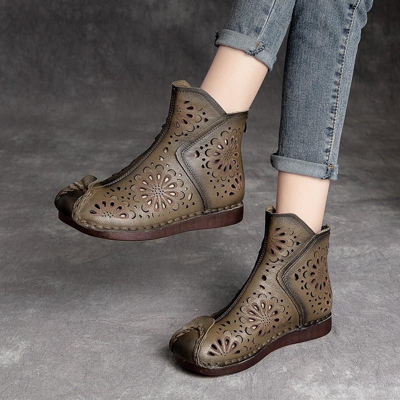 GKTINOO Sommersandalen Echtes Leder 2025 Neu Retro Atmungsaktiv Ausgehöhlte Stiefel Handgefertigt Damen Clogs Flats Schuhe