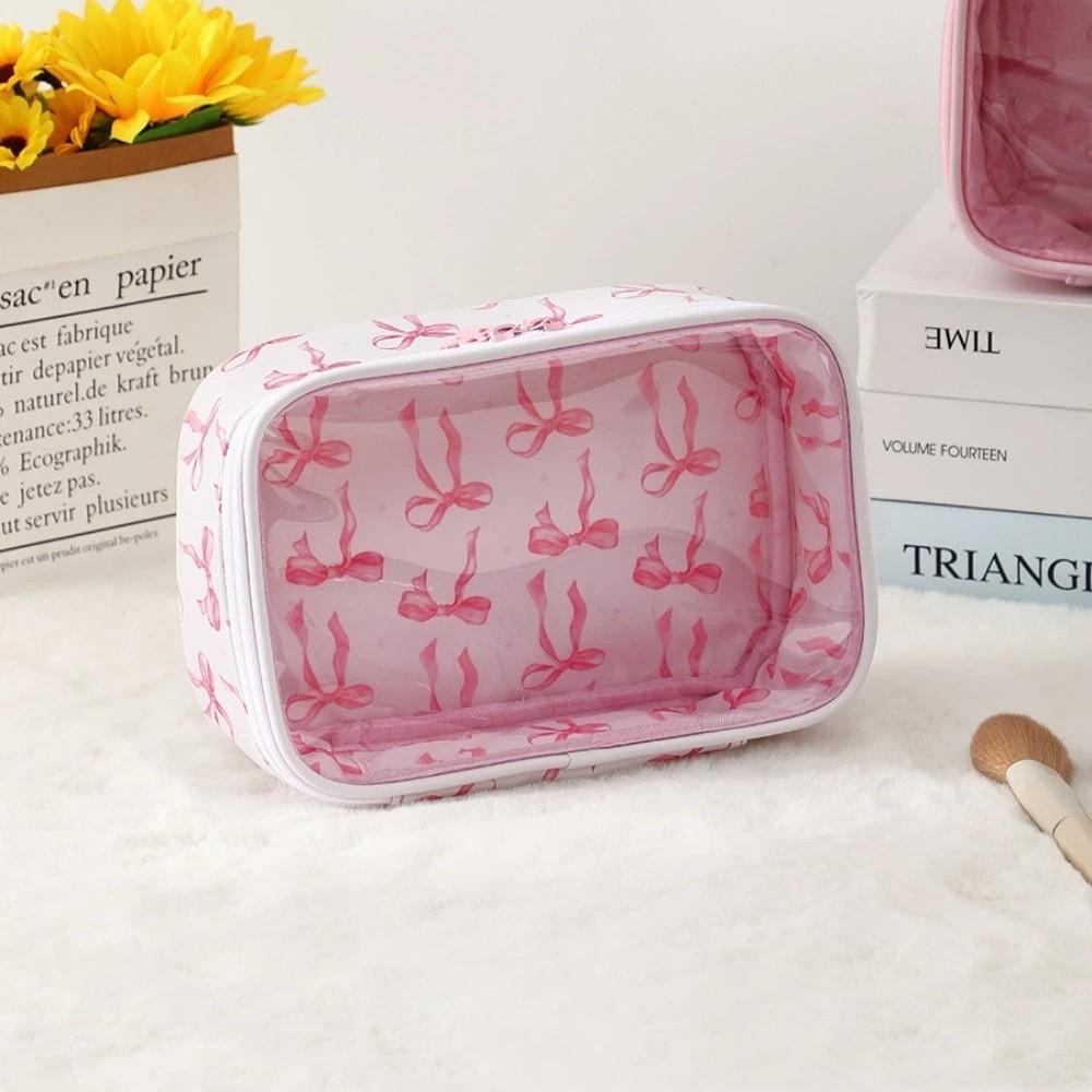 New PVC Makeup Bag Bow Waterproof Toiletry Handbag Transparent Pink Washing Bag Cosmetics And Toiletries