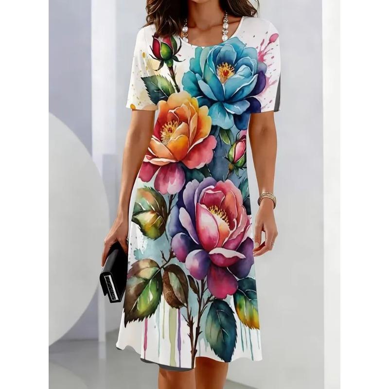 Summer Ladies 3D Printed Short Sleeve Dress Fashion Versatile Breathable Trend Casual