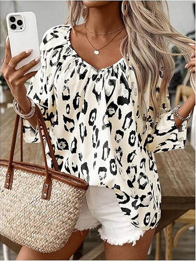 Spring Summer Women's Elegant Commute Top Beige Leopard Print V-Neck Ruffled 7/8 Sleeve Shirt