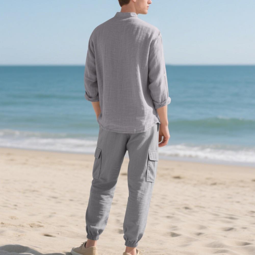 Spring and Summer Men's Linen Button Long Sleeved Shirt and Pants Set, Fashionable, Casual,  Breathable, Quick Drying 2-Pic Set