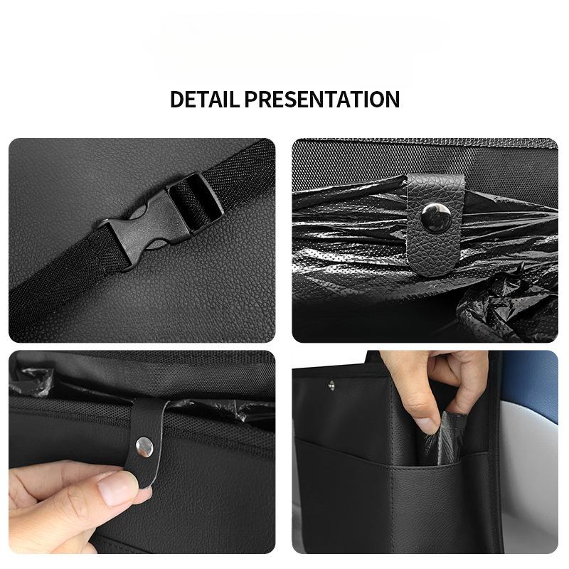 Car Trash Bin Leather Auto Front Passenger Seat Hanging Garbage Storage Organizer Seat Back Phone Tissue Pockets Accessories