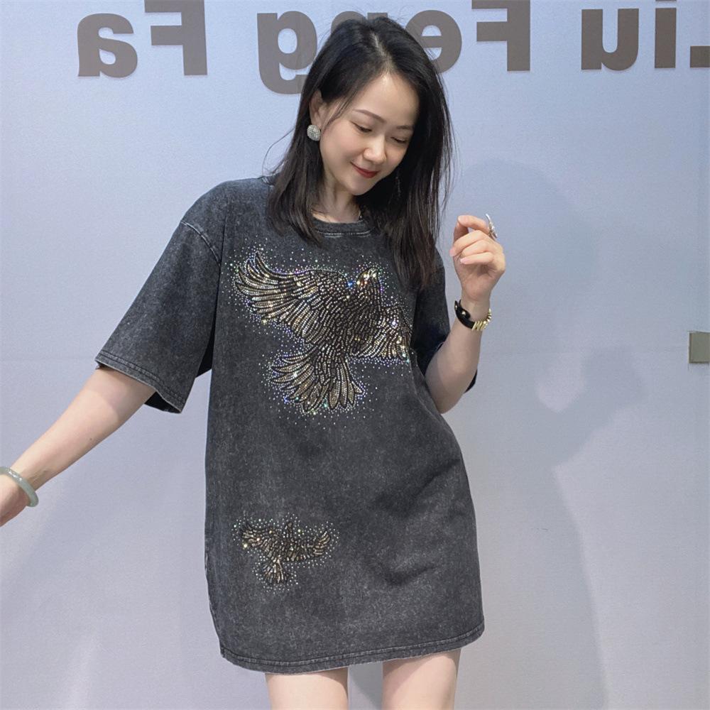 Large-size Men's and Women's Identical Tie-dye Rhinestone Round-neck Short-sleeved Trendy T-shirt for Summer Couple's Outfit, Rhinestone Top