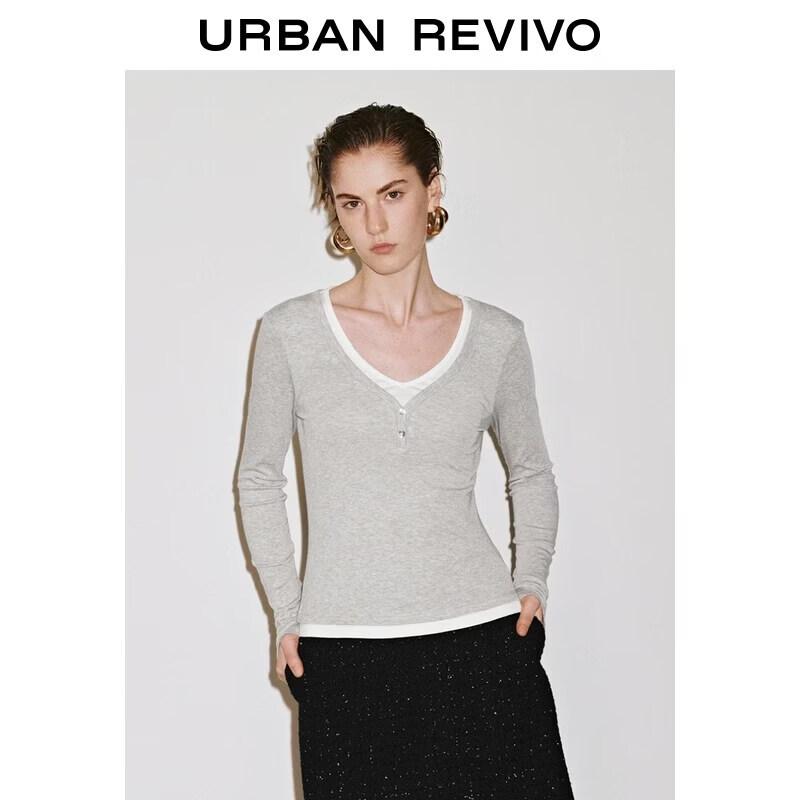 UR 2026 Women's Colorblock Faux Two-Piece Slim-Fit V-Neck T-Shirt