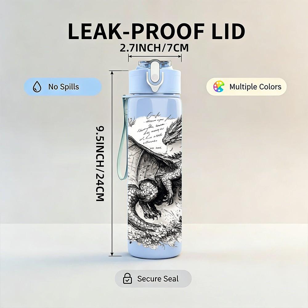 1PC Dragon Sketch Black Ink Art Print 750ml Color Plastic Sports Water Bottle Leakproof Flip Straw Lid Suitable for Sports Office Home Use