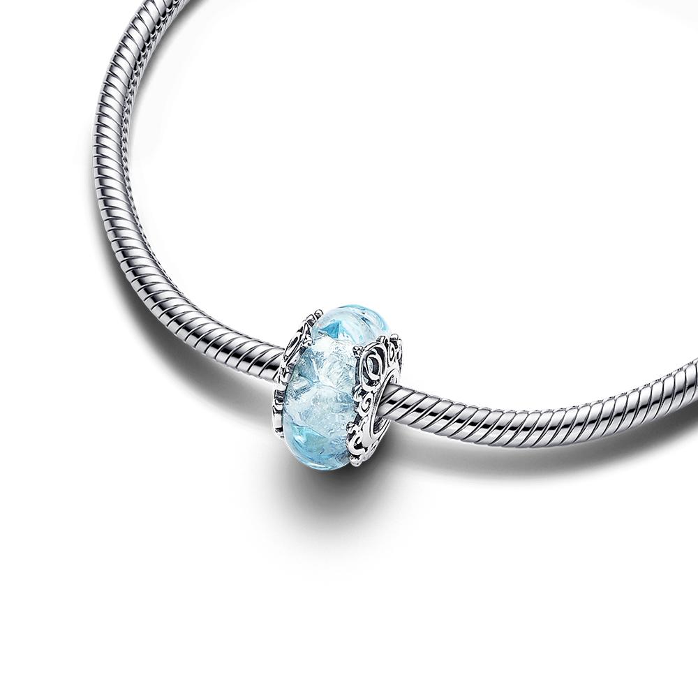 925 Silver Sparkling Blue Glass Beads with Petal Design Charm Fit Original Bracelets Necklaces Jewelry For Women