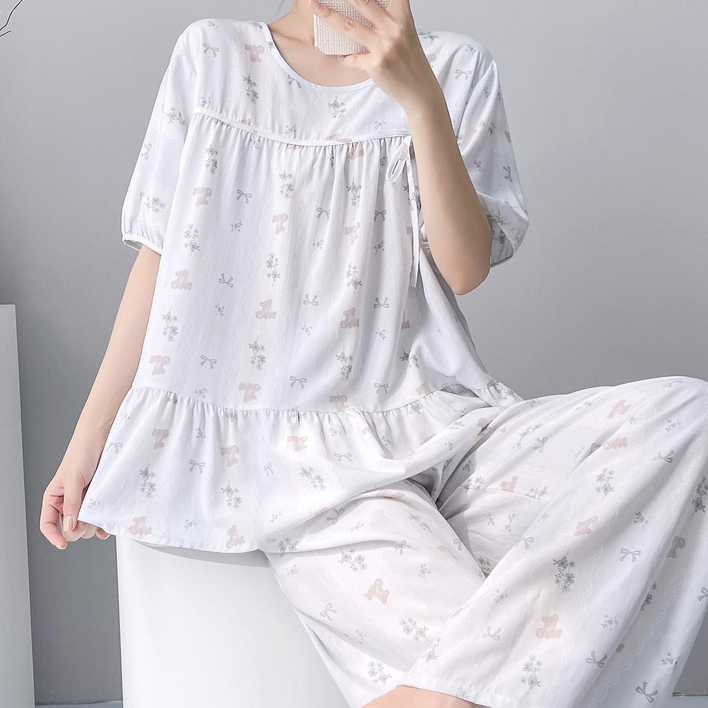 Cotton and Silk Pajamas Women's Summer 1011 New Short-sleeved Trousers Can Be Worn Outside the Suit, Sweet Girl Small Fresh Loungewear