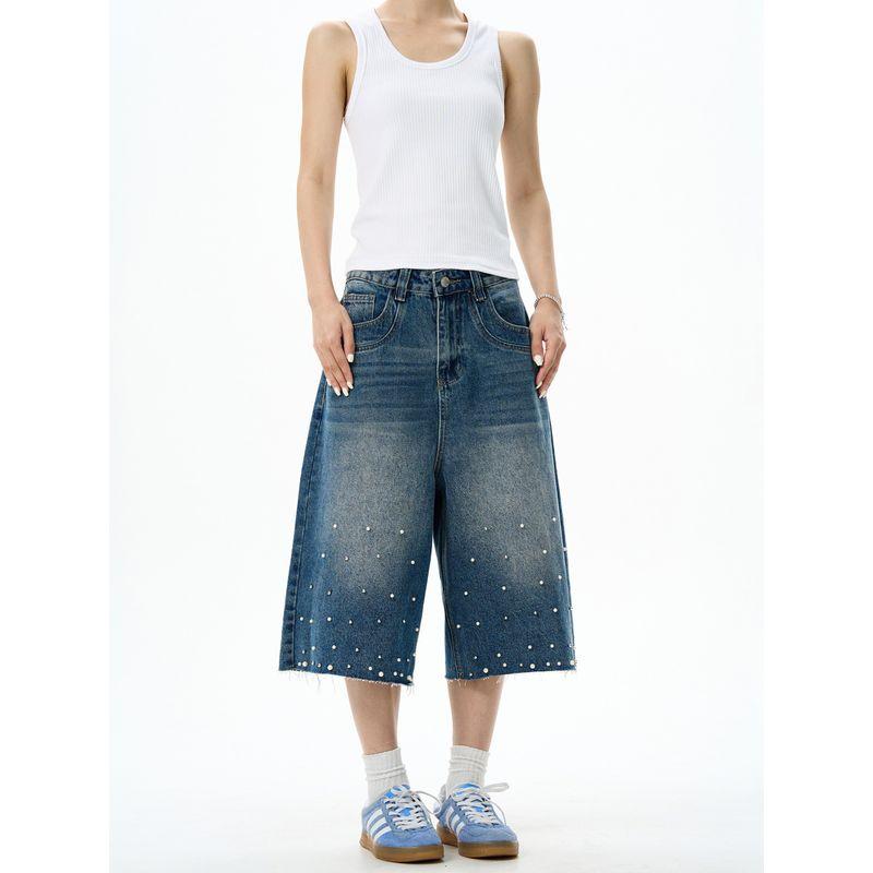Summer American-Style Beaded Washed Distressed Raw Hem Denim Shorts for Men and Women, Loose Straight-Leg Mid-Length Pants with a Sense of Design