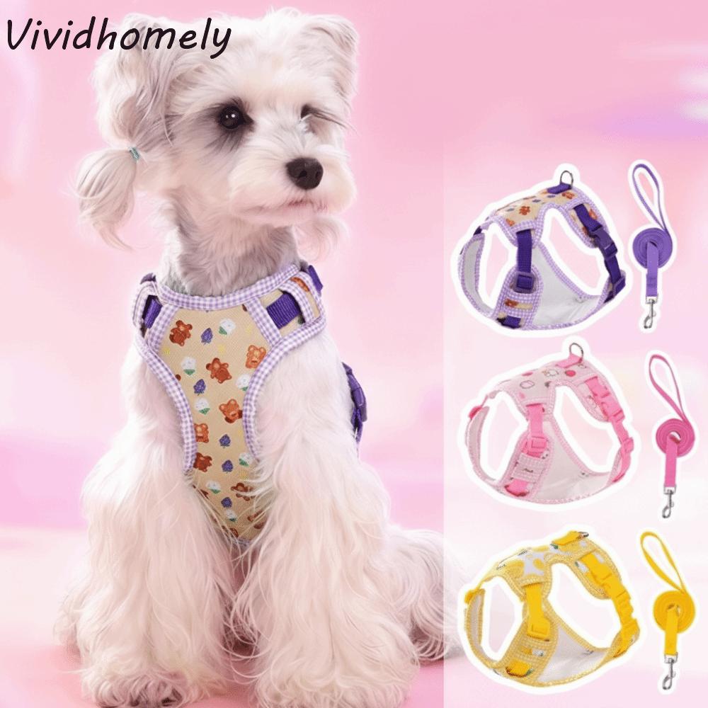 Adjustable Dog Harness Leash Set Cartoon Pattern Breathable Dog Harness Vest Comfort Fit Escape-Proof Pet Walking Rope