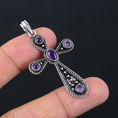 Natürlicher Salbei Amethyst handgefertigt 925 Sterling Silber Geschenk Kreuz Anhänger 2,10" o9y72