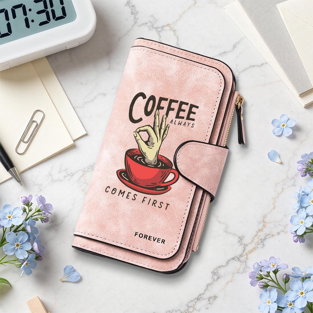 Coffee Pattern Long Wallet Portable Stylish Card Case Casual Daily Coin Purse