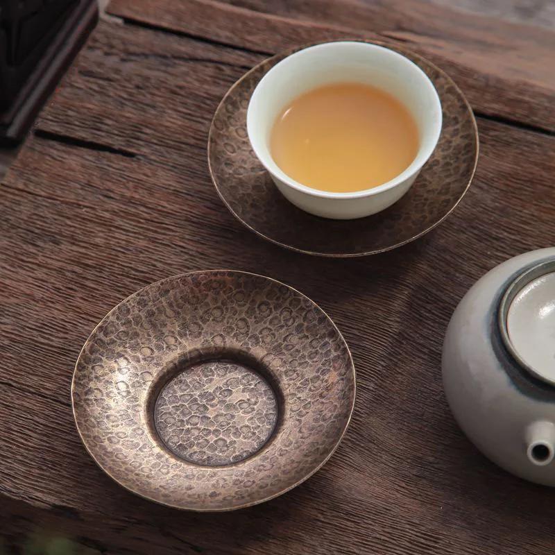 Pure Copper Hand-Made Copper Teacup Mat Insulation Teapot Mat Antique Kung Fu Tea Set Japanese Cup Holder Coasters In Holder Set