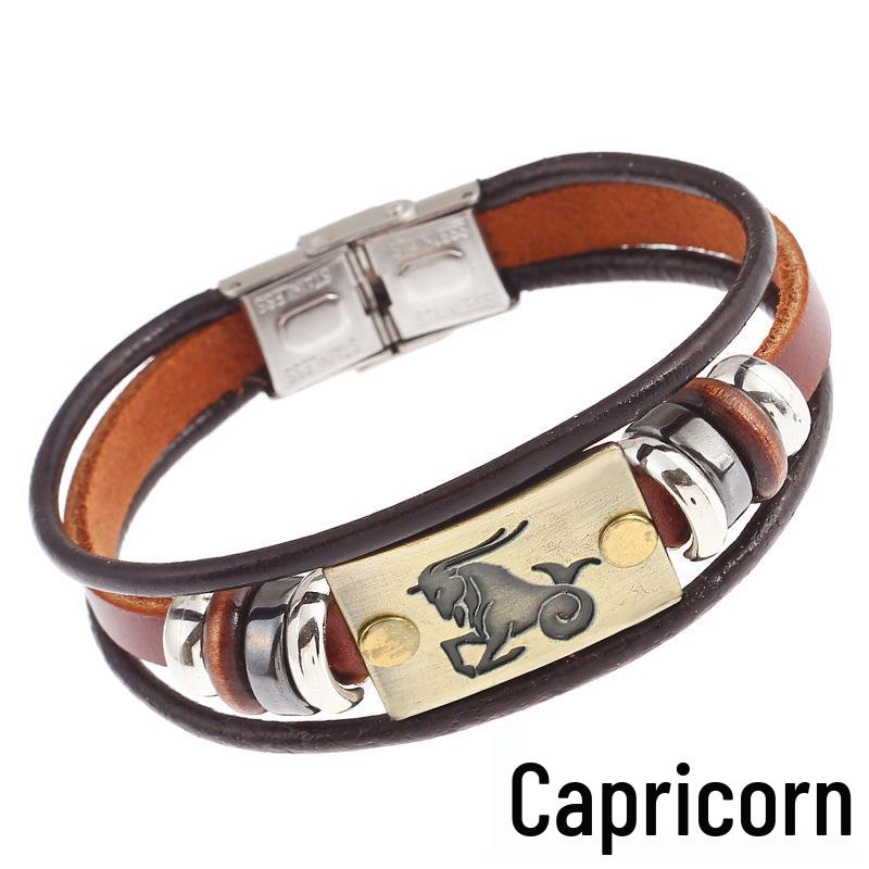Twelve Constellations Cowhide Bracelet with Stainless Steel Buckle - Genuine Leather