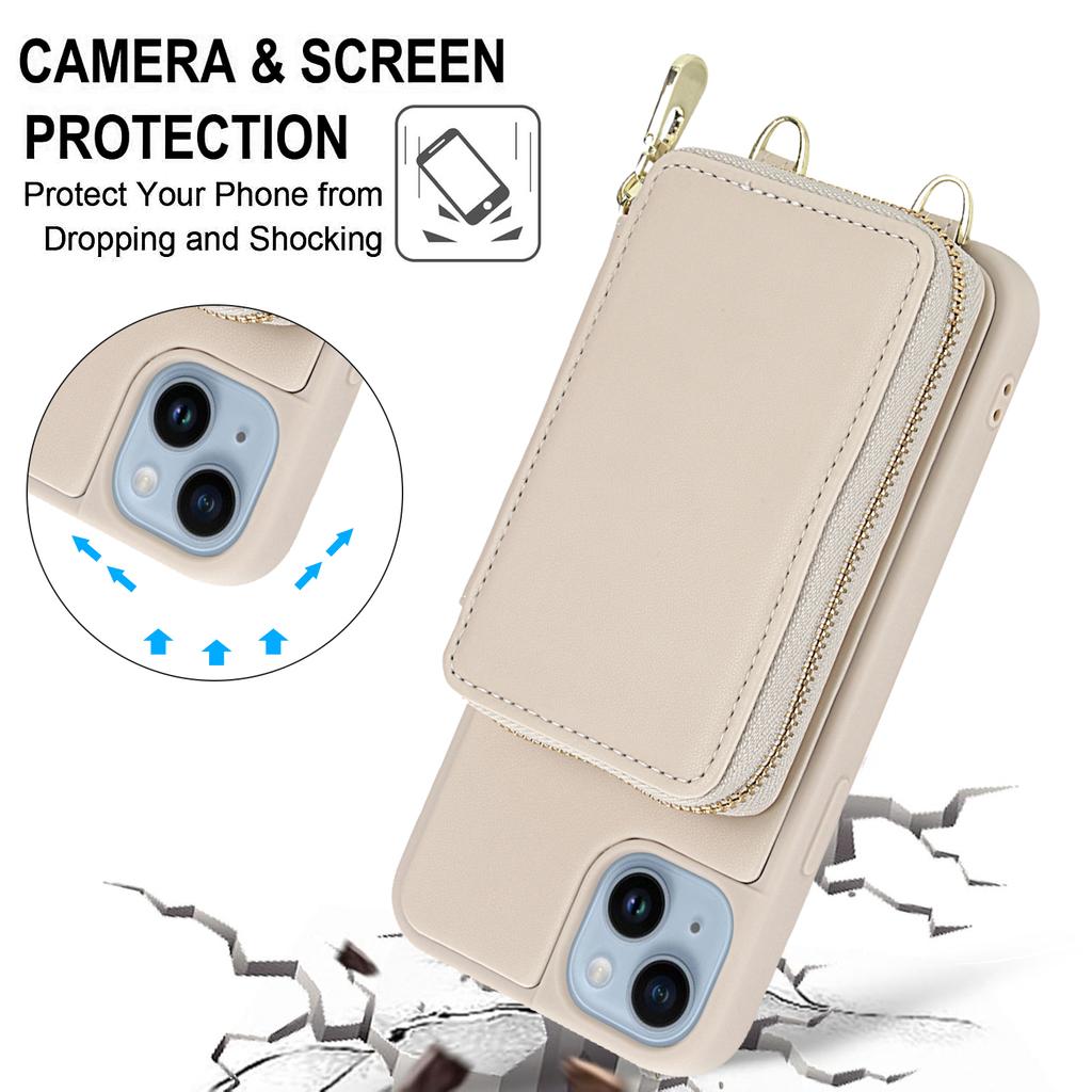 For iPhone 14/13 Case RFID Blocking Zipper Wallet Leather + TPU Phone Cover with Shoulder Strap