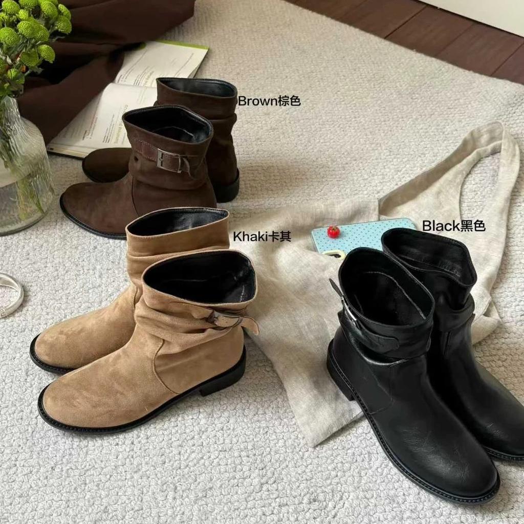 [Fanfna] Old Money Wind Retro Suede Pleated Pile Boots Thick Heel Belt Buckle Short Martin Boots Women's Outer Wear