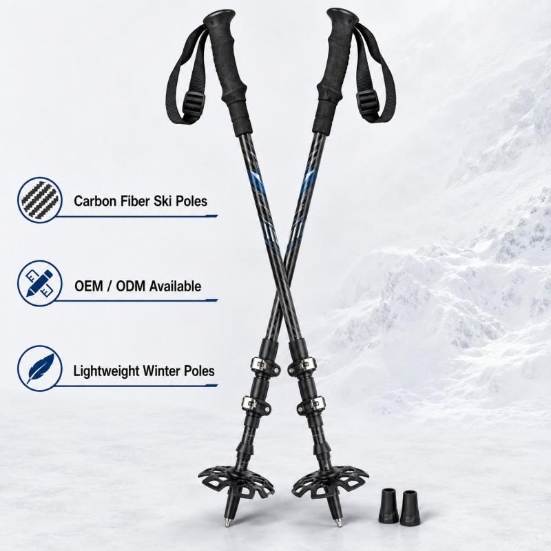 Bastones de Esquí para Raquetas de Nieve Zeroring de Compuesto de Carbono, 3 Secciones, Ajustables, de Invierno, con Cesta Grande