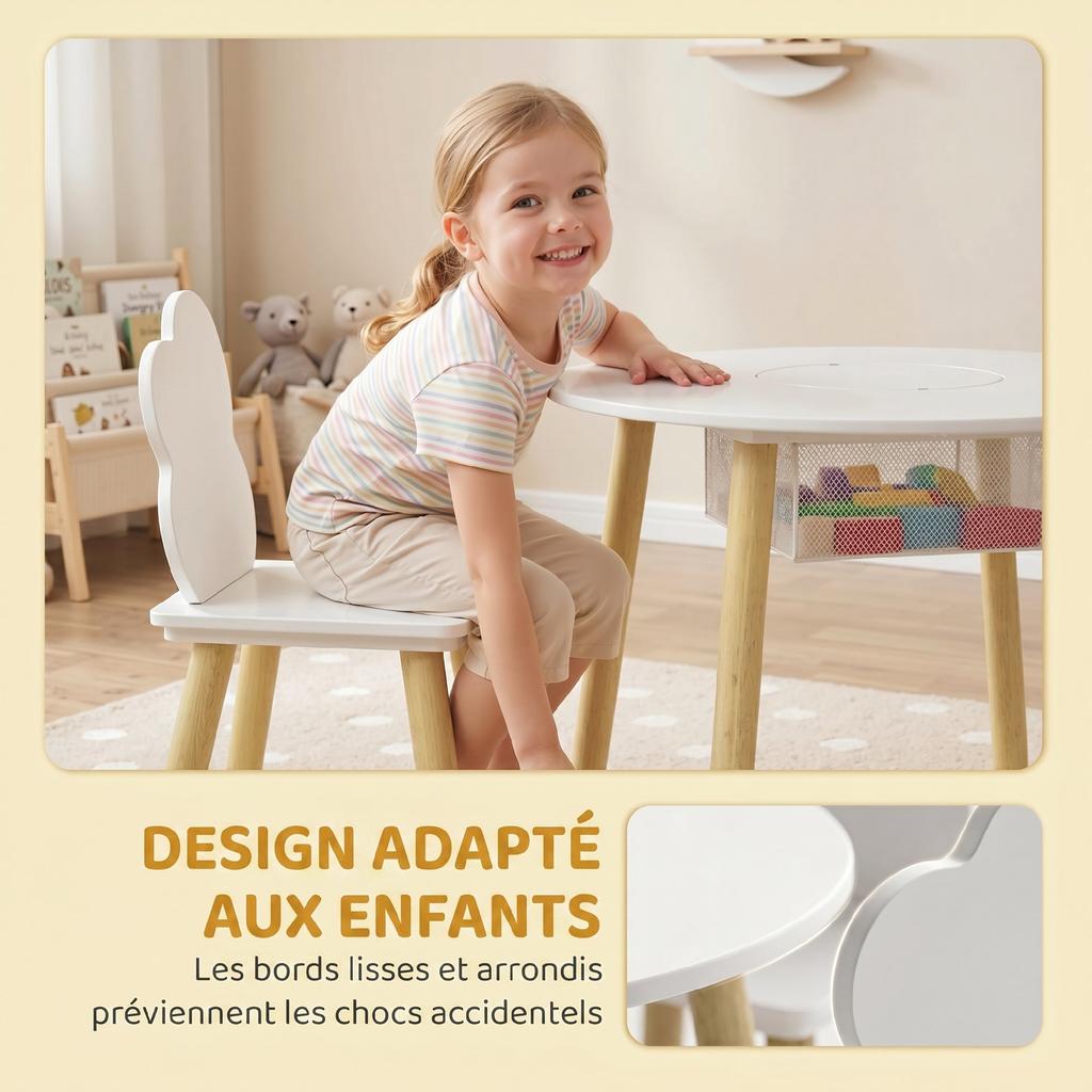 Children's Table and Chair Set, Wooden Table, 2 Chairs, Storage Bag, White