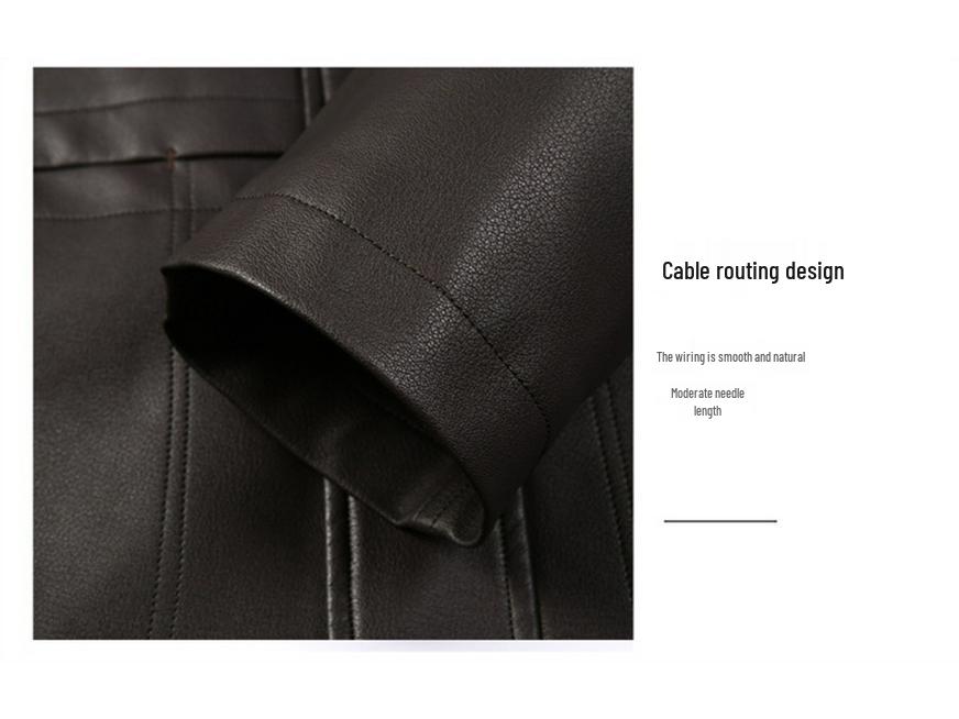 Men's Mid-Length Fleece-Lined Leather Jacket with Turn-Down Collar, Plus Size, Casual Coat