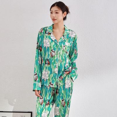 Autumn French Printed Sleepwear Women's Ice Silk Loose Sleepwear Printed Set Home Clothes Can Be Worn Outside Pajamas