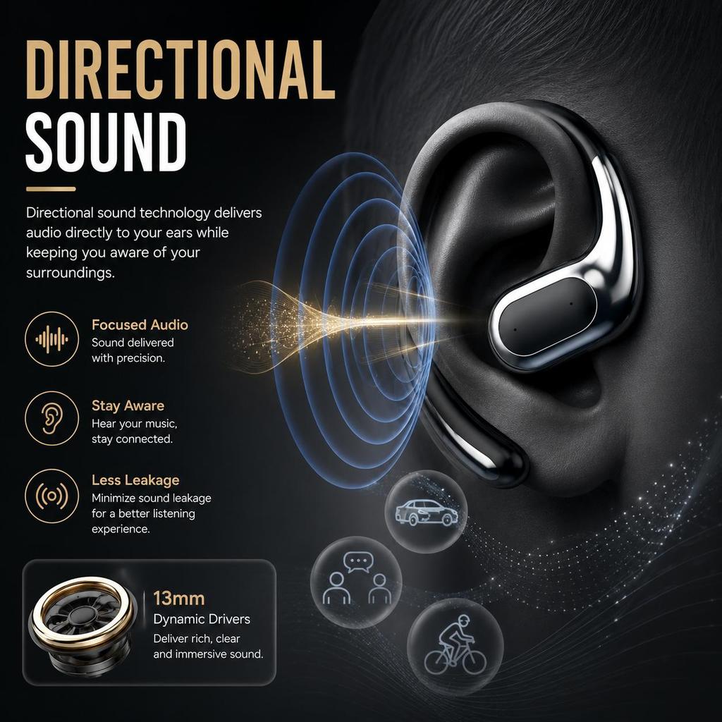 Open Ear Wireless Headphones Bluetooth 5.4, Comfortable Lightweight Earphones with LED Display, Touch Control & Type-C Charging