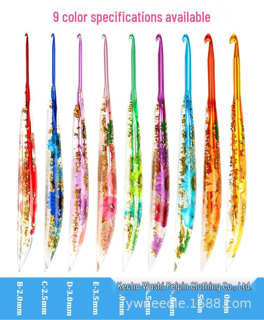 Set of 9 Colored Anodized Aluminum Crochet Hooks with Creative Resin Handles and Exquisite Flower Design