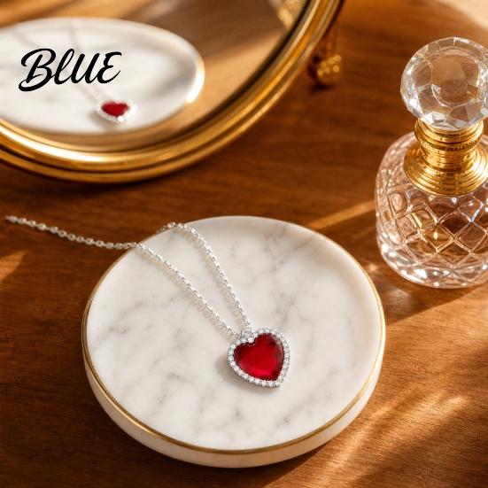 Blue Gemstone Pendant Heart Necklace Faux Diamond Sparkly Romantic Light-reflecting