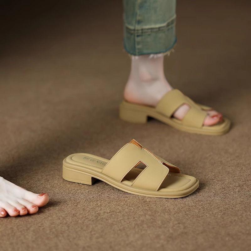 Summer Soft Leather Women's Shoes Low Heel Square Toe Roman Retro Brown French Women's Sandals with Exposed Toes