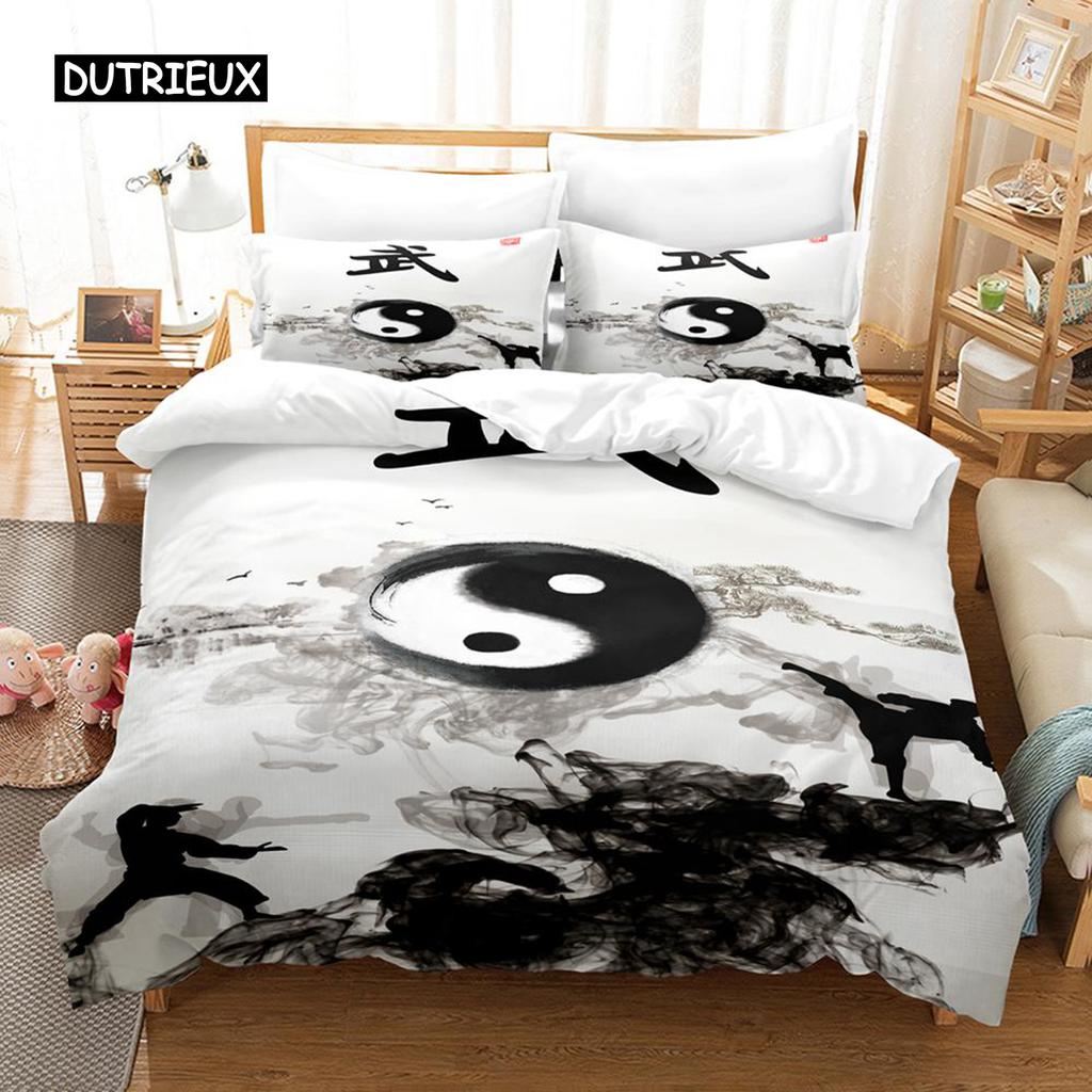 Kung Fu Duvet Cover Set King Size Sunset Martial Art Men Silhouettes Bedding Set For Teen Boy Polyester Sports Theme Quilt Cover
