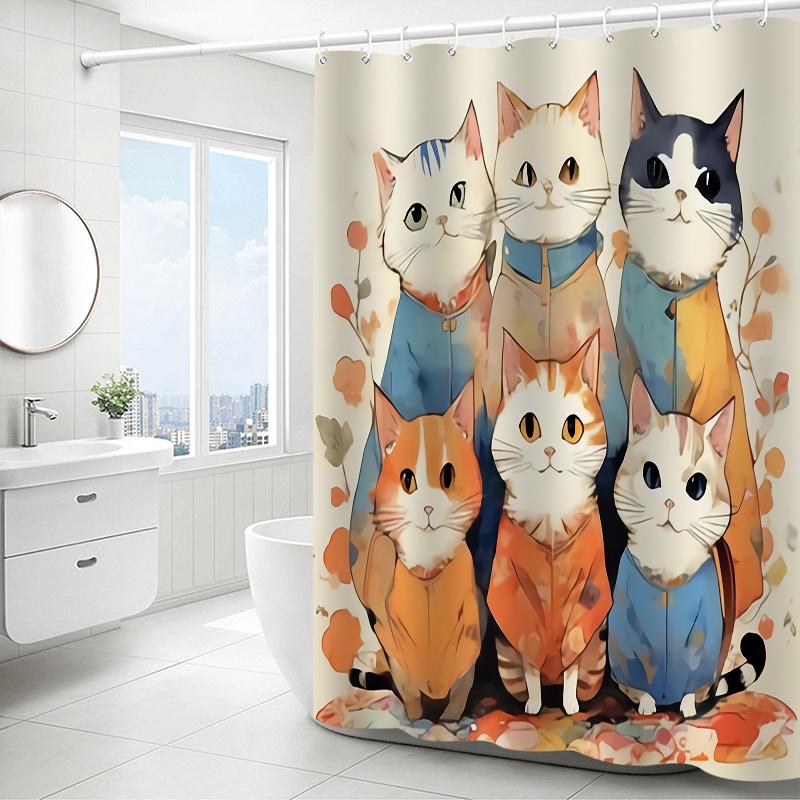 Charming Cats in Cozy Outfits Waterproof Mildew-Resistant Shower Curtain - Whimsical Design for a Playful Bathroom Décor