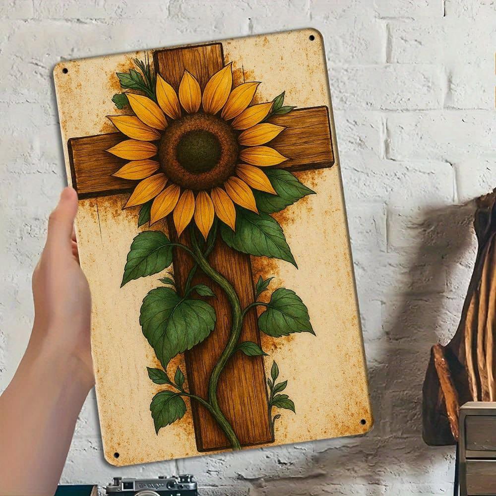 Vintage Sunflower Cross Metal Sign, 8x12 Inch.