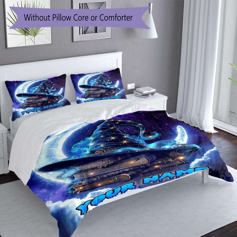 3pcs Custom Name Magic Hat Books Bedding Set Printed Bedding Set Duvet Cover Closure Includes 1 Duvet Cover & 2 Pillowcases Bedroom Decor