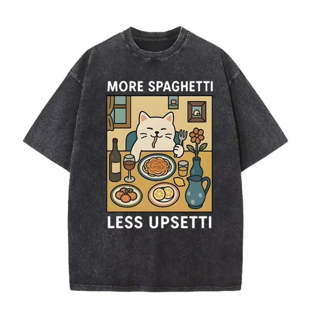 Süße Katze isst Spaghetti Witz Slogan Grafik Vintage Wash Übergroßes Schwarzes T-Shirt Essensliebhaber Täglich Streetwear Top